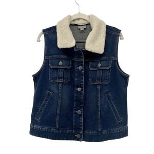 J. Jill‎ Denim Vest Removeable Sherpa Collar Sleeveless Jean Jacket Pockets S